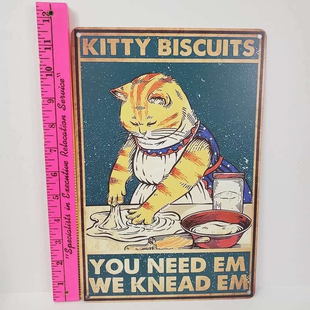 Kitty Biscuits We Knead Em You Need Em Retro Metal Tin Sign‎ Baking Tabby Cat